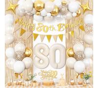 80th Birthday Decorations for Women, Sand White Gold 80th Birthday Balloons with Glitter Happy 80th Birthday Banner Fringe Curtain Cake Toppers Number 80 Balloons for Wife Women Birthday Decorations