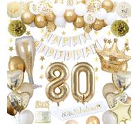 80th Birthday Decorations, Gold 80th Birthday Decorations for Men Women Gold White Balloons HAPPY BIRTHDAY Banner Number 80 Balloons Crown Star Heart Balloon Cake Topper