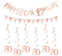80th Birthday Decorations Rose Gold Set - Happy 80th Banners, Triangle Flag Bunting, Hanging Swirls, Streamers Kit for Women's Anniversary Party Supplies