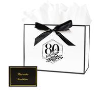 80th Birthday Gift Bag, 80th Birthday Gifts for Men and Women, Medium Bow Gifts Bag with Wrapping Paper and Card, Birthdays Supplies Gift Bags (White)