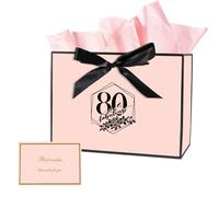 80th Birthday Gift Bag, 80th Birthday Gifts for Women, Medium Bow Gifts Bag with Wrapping Paper and Card, Birthdays Supplies for Women Celebration Gift Bags (Pink)