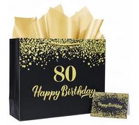 80th Birthday Gift Bag for Present,Black & Gold,28x34x12CM