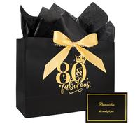 80th Birthday Gift Bag with Tissue Paper and Card, 80th Birthday Party Gifts Bag for Women and Men, Medium Gift Bags for Birthdays Party, Anniversary, Presents (Black)