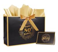 80th Birthday Gift Bags Sets,Black & Gold,21.5×32×10CM