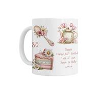 80th Birthday Gift for Her - Personalised 80th Birthday Ceramic Mug, Floral Tea Cup & Tea Pot Design with Butterfly and Cakes