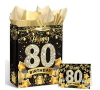 80th Birthday Gifts Bag for Men Women, Black Gold 80th Birthday Wrapping Paper 80 Year Old Gifts Bag with Tissue Paper and Card 80 Year Old Decorations Supplies for Men Women