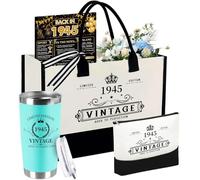 80th Birthday Gifts for Women Her- 4 pcs, Turning 80 Year Old Gifts, Birthday Decorations Canvas Beach Tote Bag & Makeup Bag, Unique Happy 80th Birthday Gifts for Her Mom Wife Friends