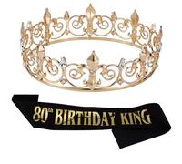 Noonhorse 80th Birthday King Sash for Men Birthday Crown & Tiara Headband Party Decorations Accessories Set for Boy Prince Gold Black, 2 Pack