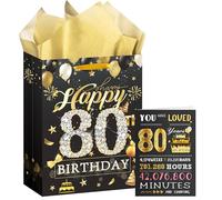 80th Birthday Medium Gift Bag, Black and Gold Birthday Presents Bag with Greeting Cards and Tissue Paper, Perfect for Any 80th Celebration