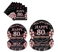 80th Birthday Party Tableware Set - 96 Pcs Black Rose Gold Party Paper Plates Napkins Decorations Tableware Supplies For Women Her 80 Year Old Birthday Table Decoration