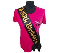 80th Birthday Sash - 80 Star Birthday Sash - Beautiful Quality Black Ribbon and Holographic Gold Font - 80th Birthday Sash