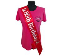 80th Birthday Sash - 80 Star Birthday Sash - Beautiful Quality Red Ribbon and Holographic Silver Font - 80th Birthday Sash
