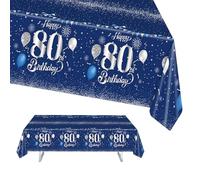 80th Birthday Table Cloth, 137x274cm Tablecloths Blue and Sliver 80th Birthday Party Table Decor, Plastic Waterproof Rectangular Table Cover for Men Women, Birthday Gifts Party Table Decoration