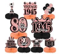 80th Birthday Table Decorations Set of 9 - Black & Pink Party Decor for Centennial Celebration - Honeycomb Paper Table Centerpieces with 80 Years Sign Anniversary Party Supplies