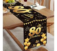 80th Birthday Table Runner Black Gold Happy 80th Birthday Table Runner for Men Women 80 Years Old Birthday Anniversary Celebration Party Non-Slip Dining Table Linen Cloth Decorations, 180x35cm Long