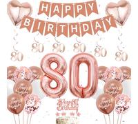 80th Happy Birthday Decorations Women - 44 Pieces Rose Gold Birthday Party Decoration, 80 Banner Hanging, 80th Foil Balloons, Happy Banners, Heart Balloon, Cake Topper for Womens 80 Year Old Supplies