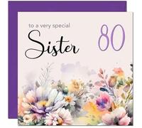 80th Sister Birthday Card - Purple Floral Sister's Birthday Card for 80 Year old Eighty Eightieth