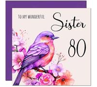 80th Sister Birthday Card - Purple Watercolour Bird Sister's Birthday Card for 80 Year old Eighty Eightieth