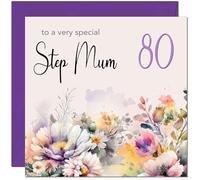 80th Step Mum Birthday Card - Purple Floral Step Mother Birthday Card for 80 Year old Eighty Eightieth