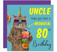 80th Uncle Birthday Card - Meowgical Cat Funny Uncle's Birthday Card for 80 Year old Eighty Eightieth