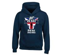 80th VE Day Flag Hoodie - 8th May 2025 Celebrating Victory In Europe Day WWII Remembrance Union Jack Shield Gift For Kids & Adults Unisex Hoodie Top (Navy, 7 Years)
