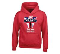 80th VE Day Flag Hoodie - 8th May 2025 Celebrating Victory In Europe Day WWII Remembrance Union Jack Shield Gift For Kids & Adults Unisex Hoodie Top (Red, 5 Years)