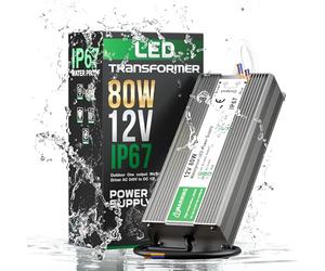 80W 12V LED Driver Power Supply, 90-250V AC to 12V DC 6.67A, IP67 Waterproof Constant Voltage Transformer for Outdoor Garden, LED Strip Lights, Shed and Landscape Lighting