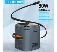 80W 6-in-1 GaN Charging Station Wireless Adapter With Type C PD 60W Retractable Charging Cable Fast Charger for iPhone Laptops