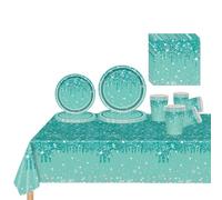 81 Pcs Sparkling Diamond Teal Blue Party Tableware Set for Her,Girls,Women - Teal Blue Paper Plates, Cups, Napkins, Tablecloth - Birthday, Wedding, Baby Shower Dinnerware