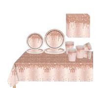 81 Piece Rose Gold Tableware Set for Her - Plates, Cups, Napkins and Tablecloth With Sparkling Diamond Pattern for Birthday, Wedding, Baby Shower Party