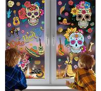 81Pcs Day of The Dead Window Clings Dia De Los Muertos Window Stickers Mexican Halloween Window Decals Sugar Skull Guitar Ghost Bride and Groom Flower Design Decor Mexican Window Art Decorations
