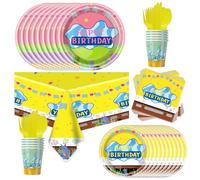 81pcs Yellow Cartoon Party Supplies Tableware Plates Napkins Cups Fork and Tablecloth,Yellow Theme Birthday Party Decoration