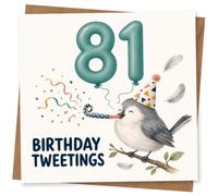 81st Birthday Card for Her, Bird & “Birthday Tweetings” | Mark her 81st with teal balloon “81”, party-hat bird on a branch, confetti and the pun “Birthday Tweetings”.