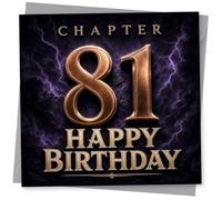 81st Birthday Card for Her, Chapter 81 Purple Lightning | Bold Chapter 81 with gold-style lettering on a dramatic purple lightning background, plus a big HAPPY BIRTHDAY for her 81st.