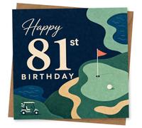 81st Birthday Card for Her, Golf Green, Flag and Buggy | Bold “Happy 81st Birthday” lettering over a golf course scene with putting green, flag, ball, winding paths and buggy.