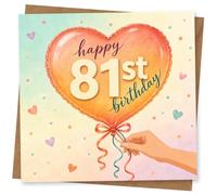 81st Birthday Card for Her, Heart Balloon, Hearts & Confetti | Heart-shaped balloon with pastel hearts and confetti, finished with a cheerful ‘happy 81st birthday’ message for her.