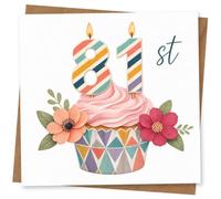81st Birthday Card for Her, Striped Candle Numbers Cupcake | Celebrate her 81st with a bright cupcake illustration topped with striped candle numbers and pretty floral decoration.