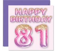 81st Birthday Card for Women - Pink & Purple Glitter Balloons - Happy Birthday Cards for 81 Year Old Woman Mum Great Nanny Grandma Gran, 145mm Bday Greeting Cards Gift