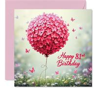 81st Birthday Cards for Women - Pink Butterfly Balloon - Happy Birthday Card for 81 Year Old Woman Nan Wife Granny Nanny, 145mm Bday Greeting Cards