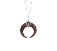81stgeneration 925 Silver Wooden Double Horn Pendant on Curb Chain - Sterling Silver Necklace With Celestial Crescent Moon Pendant - Cosmic Symbol Wood Jewellery - Boho Tusk Design