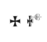 81stgeneration 925 Sterling Silver Maltese Cross Stud Earrings With Black Enamel Inlay - Small Symbolic Studs for Women and Men - Bold Gothic Jewellery - Alt Punk Accessory