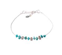 81stgeneration 925 Sterling Silver Turquoise Bead Bracelet With Square Flower Engraved Bead - Hill Tribe Blue Gemstone Thin Chain Bracelet - Tribal Boho Jewellery - Handmade Nature Gift