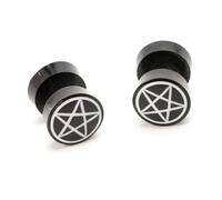 81stgeneration Black Horn Pentagram Star Fake Gauge Plugs for Men - 10mm Tribal Fake Ear Expanders for Women - Wiccan Symbol Faux Stretchers - Surfer Gothic Cheater Jewellery - Plug Earrings