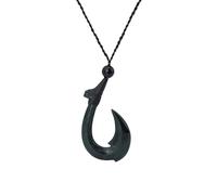 81stgeneration Black Nephrite Jade HEI Matau Pendant Necklace - Maori Style Cord Surfer Necklace for Men and Women - Natural Greenstone Fish Hook Jewellery - Hand-Carved Gemstone Amulet Jewellery