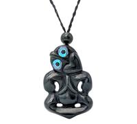 81stgeneration Black Nephrite Jade Small HEI Tiki Pendant with Paua Shell Eyes - Maori Style Cord Necklace for Women - Natural Greenstone Jewellery for Men - Hand-Carved Green Gemstone Talisman