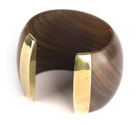 81stgeneration Chunky Wood Bangle with Gold Tone Brass Ends - Wide Wooden Cuff Bangle for Women - Earthy Boho Tribal Statement Jewellery - Bohemian Bold Brown Cuff Bracelet