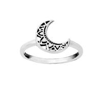 81stgeneration Crescent Moon 925 Sterling Silver Thin Band - Cut Out Lotus Pattern Ring - Wicca Gothic Rings for Ladies - Silver Stacking Rings for Women - Boho Stacker Jewellery