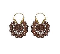 81stgeneration Gold Brass Hand-Carved Wood Flower Mandala Hoop Earrings - Hindu Symbol Wooden Statement Disc Dangle Earrings - Sacred Geometry Openwork Hoops for Women - Boho Tribal Festival Jewellery