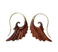 81stgeneration Gold Brass Hand-Carved Wood Spiral Angel Wing Pull-Through Earrings - Symbolic Wooden Statement Bird Dangle Earrings - Tribal Feather Earrings for Women - Boho Festival Jewellery