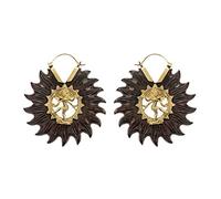 81stgeneration Gold Brass Hand-Carved Wood Sun Mandala Dancing Shiva Disc Earrings - Hindu Nataraja Statement Wooden Hoop Earrings - Large Sacred Geometry Hoops for Women - Openwork Tribal Jewellery